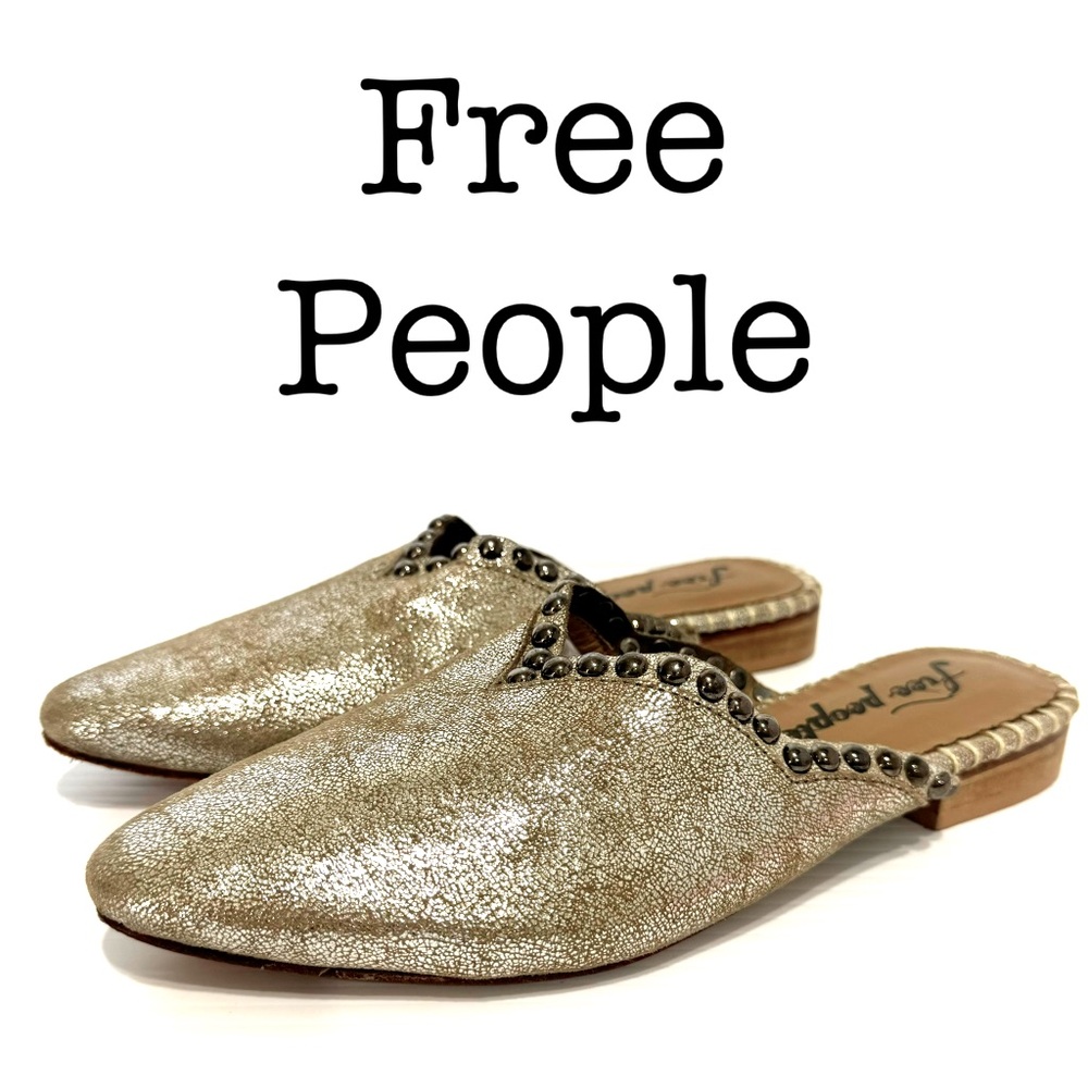 Free People Newport Beige Shimmering Studded Mules Flats Size 37